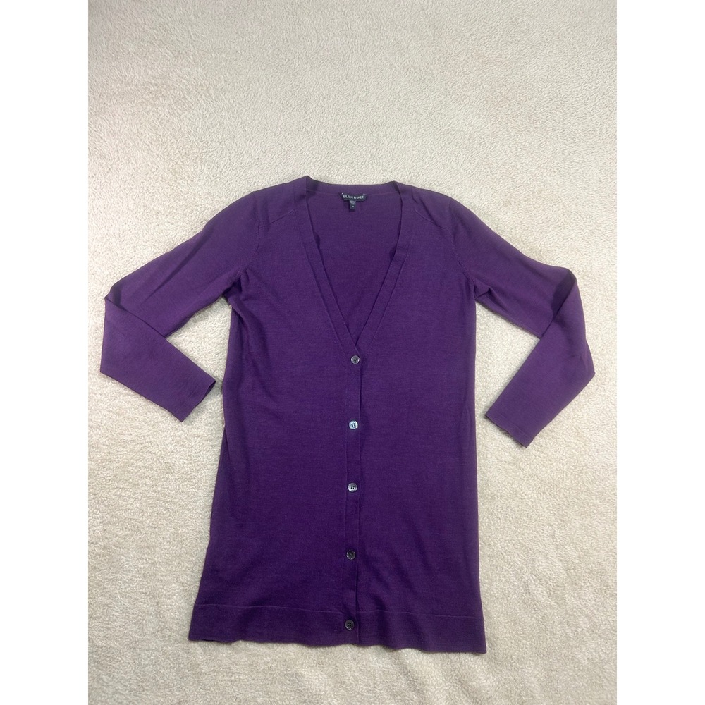 Eileen Fisher Purple Merino‎ Wool V Neck Button Front Cardigan Sweater XS